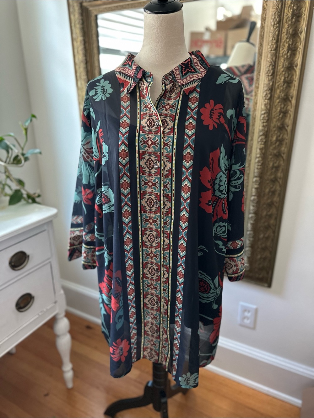 Soft Surroundings blouse long boho festival Aztec sheer lined fall 2X plus size